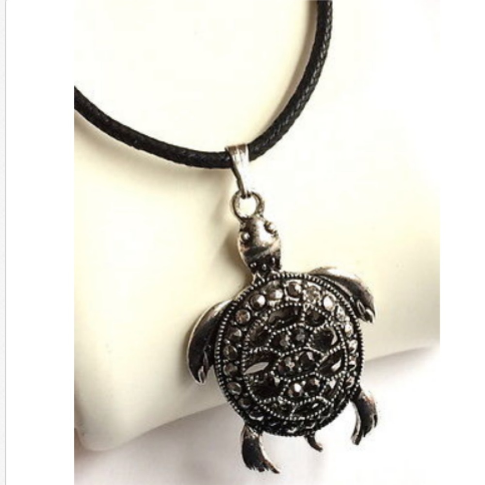 Silver Tone Sea Life Turtle Necklace 22" Long Plus Size Surfer Style Crystal